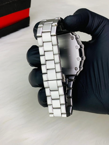 Carbon fiber watch side view with red bezel